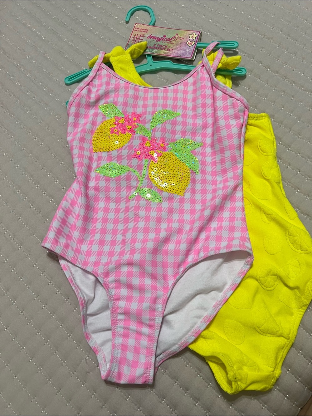 Pink Gingham and Yellow One-Piece Swimsuit with Sequin Lemon Motif